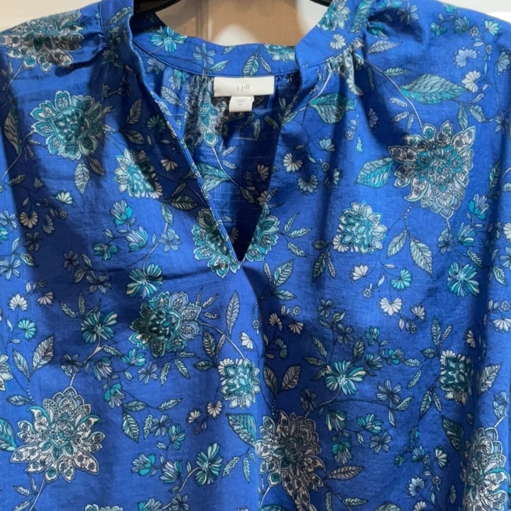 JJill Royal Blue Jacobean Oversized Split Neck Top - Picture 3 of 8